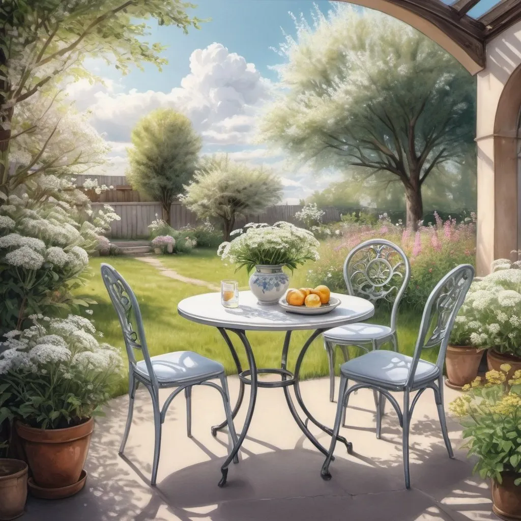 Prompt:  Light delicate background, realistic drawing, in the courtyard there is a spring garden, fruit trees, with blooming flowers, leaves, there is a round table, chairs, openwork pillows, boho, on the table there is a luxurious vase with wild white yarrow flowers botanical art, hyperrealism ultra detailing, silence, calm, spring, landscape fluffy clouds, sunny, glare, glow in Berger style high detail, fine drawing in ink, watercolor f/2.8 1/250s, spacious soft pastel colors 