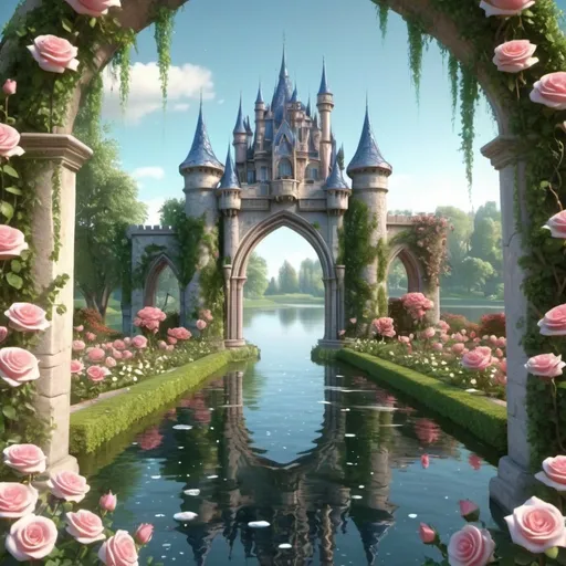 Prompt: fantasy castle, amazingly beautiful garden and lakes, in the foreground an arch with ornate patterns of roses, carved water heart, dew drops, realistic, transparent,3D animation fantasy art drawing, bright design, high detail,