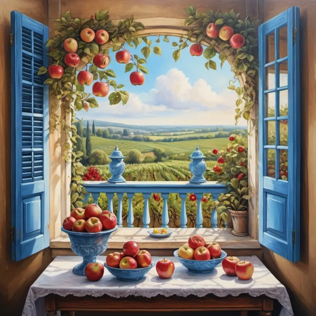 Prompt: a painting of fruits and flowers on a table, blue shutters on the windows, a beautiful, detailed, elegant, dreamy illustration of apples connected with nature by vines, noon, a look through the window frame of a gazebo