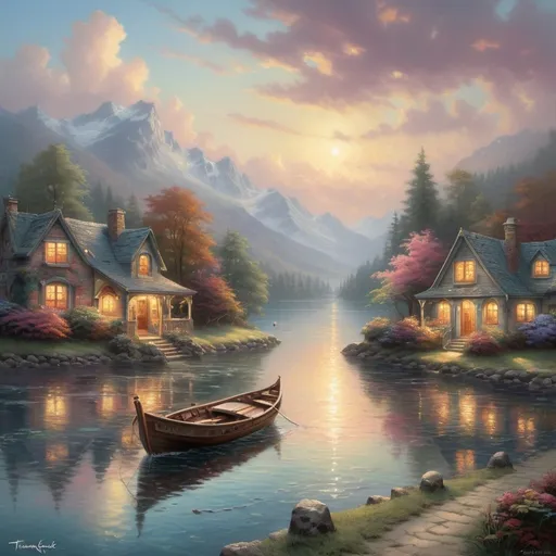Prompt: a painting of a boat on a body of water, romanticism painting, dream scenery art, beautiful fantasy painting, romanticism landscape painting, ( ( thomas kinkade ) ), thomas kinkade painting, thomas kinkade style painting, romantic painting, style thomas kinkade, magic realism painting, scenery artwork, atmospheric dreamscape painting, by Thomas Kinkade 