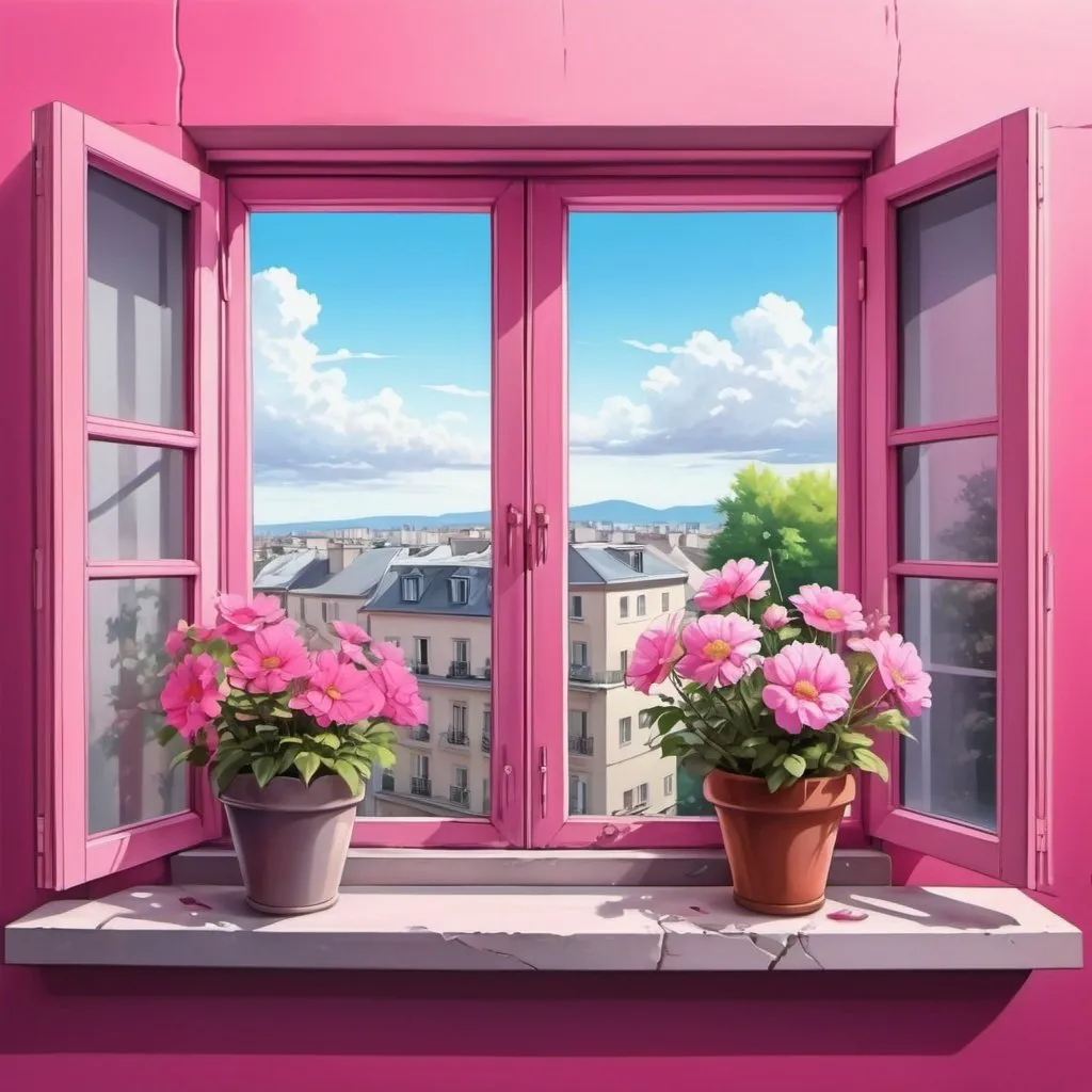Prompt:  flowers on the windowsill, anime landscape, bright pink, French elements, open windows with an urban landscape, airbrush illustration, in the style of simplified realism,