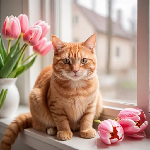 Prompt:  Medium quality photo: smiling ginger tabby cat sitting on windowsill, bouquet of pink tulips, pink tea cup, cozy, cheerful, natural light, indoor decor, close-up, pet photography, soft focus, domestic cat, spring vibes, home decor , cute, medium shot