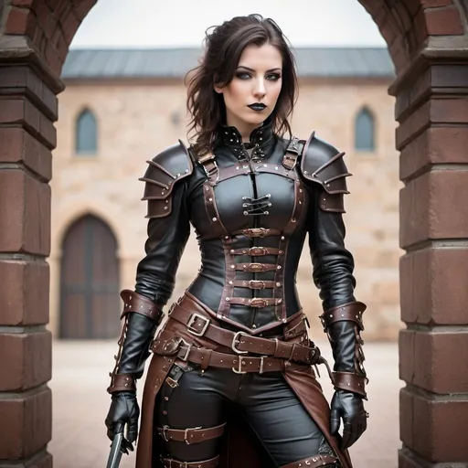 Prompt:  a woman in a leather outfit posing for a picture, fantasy leather clothing, steampunk warrior, in leather armor, black leather armor, dark leather armor, steampunk fantasy style, steampunk girl, fantasy paladin woman, leather armored, beautiful female warrior, black leather armour, leather armor, stylish leather armor, beautiful female assassin, wearing leather assassin armor, a steampunk beautiful goddess