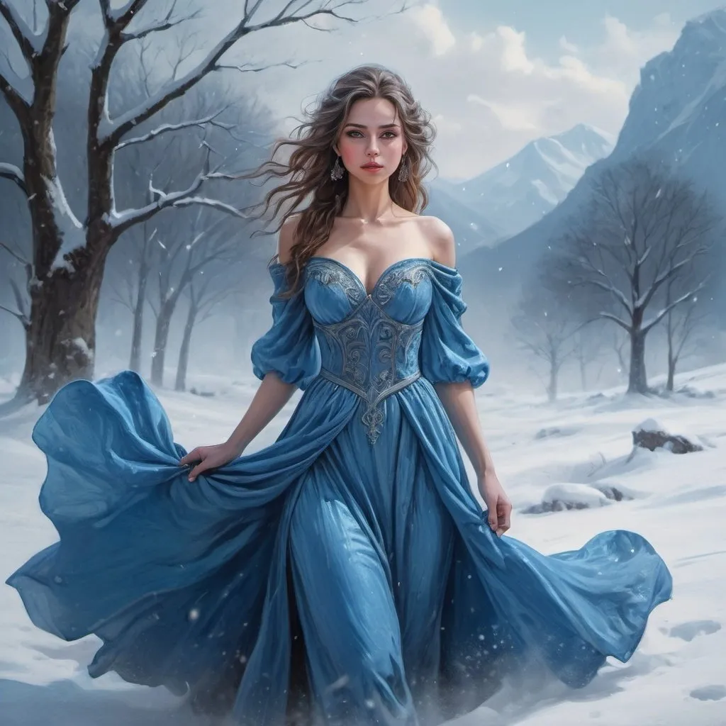 Prompt:  a woman in a blue dress standing in the snow,  , fantasy art, very beautiful fantasy art, beautiful fantasy art portrait, beautiful fantasy painting