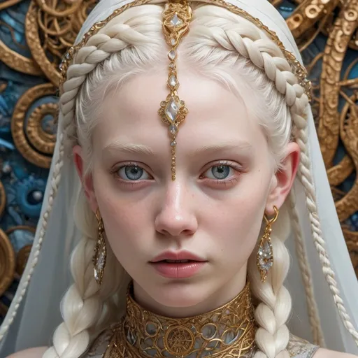 Prompt: A close-up of an albino girl with the white hair is braided into many afto-braids,  wearing an intricate veil, adorned with tiny and gorgeous jewels and beads, crystalline shimmer, focus on the face, with intricate details in the style of James Jean and Moebius, with hyper realistic photography and an epic composition, trending on artstation with sharp focus from a studio photo shot with intricate details and high detail.