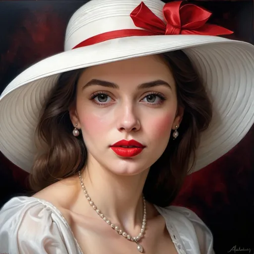 Prompt:  a woman wearing a white hat and red lipstick, a photorealistic painting by Alexander Kucharsky,  art photography, beautiful portrait oil painting, a beautiful victorian woman, beautiful woman portrait