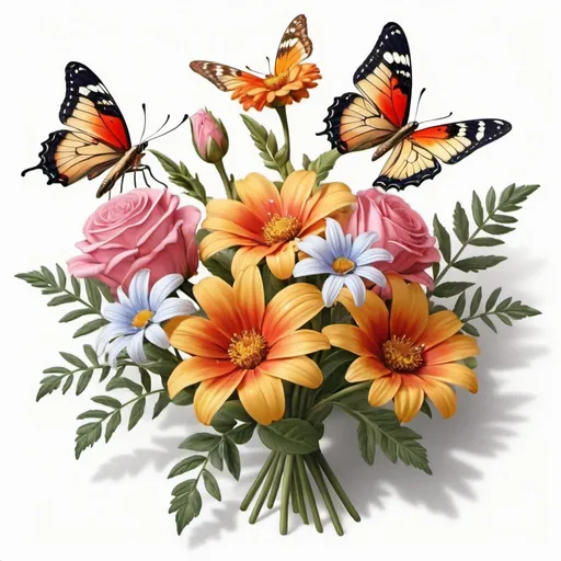 Prompt:  bouquet of flowers and a butterfly on a white background, high detail , ultra-realistic , full-color airbrushing, realistic shadows,