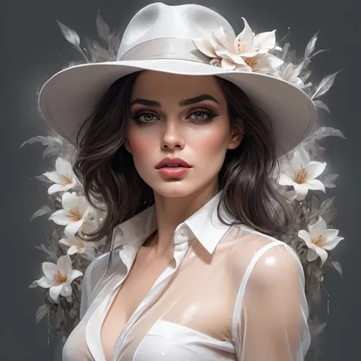 Prompt: femme fatale in a white blouse (transparent) suit and hat gray, dark hair, brown expressive eyes, makeup, pursed lips,fantasy style, woman, clothes with high detail, naturally, high detail,middle close-up, bloom light effect, color sketch art