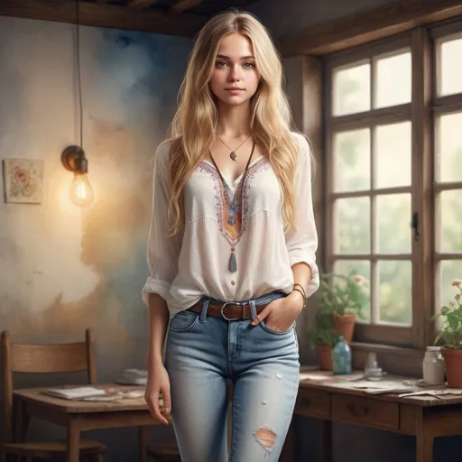 Prompt: a high-quality professional photo of a young beautiful hippie girl in full height with long blonde hair, in jeans and a white blouse, romantic, she has a detached expression, ultra-realistic, beautifully bright, realistically detailed, illuminated along the edge, animated 3D graphics, stunning watercolor.