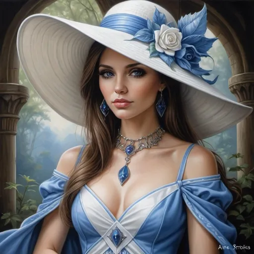 Prompt:  a woman in a blue and white dress and hat, a fine art painting by Anne Stokes, fantasy art, beautiful fantasy painting, beautiful fantasy art portrait, beautiful fantasy portrait