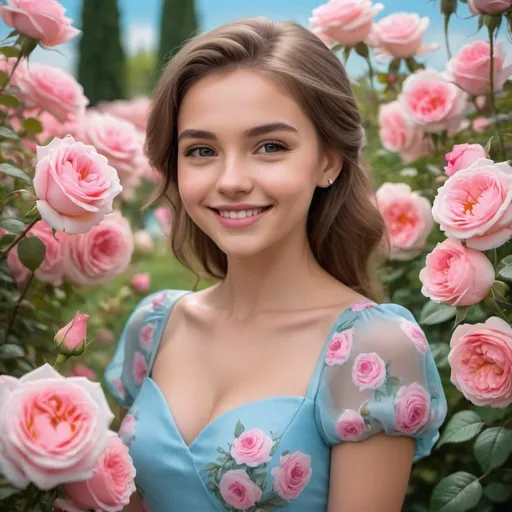 Prompt: a sweet girl with a perfect face, wearing a stunning sky blue dress, surrounded by blooming pink roses, showing a charming smile, located in a magnificent garden, in full view.