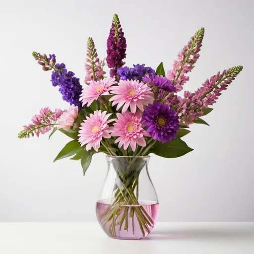 Prompt:  A bouquet of pink and purple flowers in a glass vase against a white background.