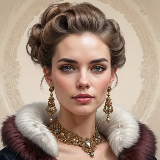 Prompt:  high quality digital painting of a woman with carefully styled hair, fur collar and large earrings, portrait, detailed hairstyle, luxurious, elegant, ornate, glamorous, traditional art style, realistic, front view, colorful, high definition, fine art, intricate detail, classic portrait, fashion illustration