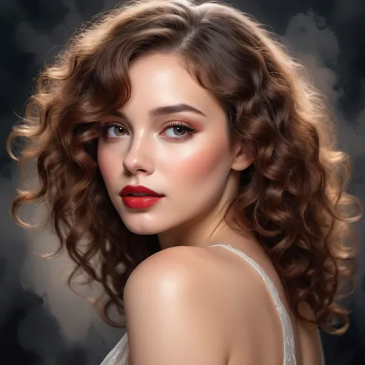 Prompt: woman light makeup with red lipstick, curly brown hair of medium length, delicate sensuality, high detail, realistic, contrast , backlight , glow effect
, volumetric watercolor