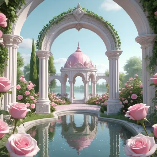 Prompt: a white fantasy palace, an amazingly beautiful garden and lake, in the foreground an arched frame with pink roses, dew drops, realistic, transparent,3d animation fantasy art drawing, high detail,