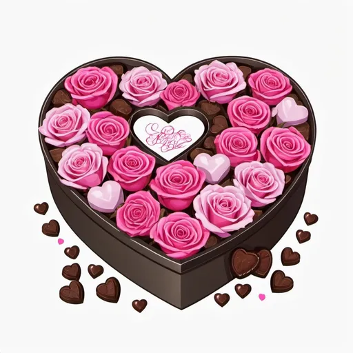 Prompt: heart shaped box filled with pink roses and chocolates, painting, romanticism, beautiful graphics, Sticker, Adorable, Neon, Digital art, Outline, Vector, White background, Detail