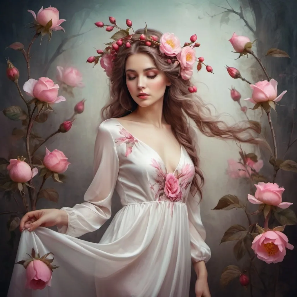 Prompt: beautiful woman with pink rosehip flowers in her hair, full length, in a silk white dress, fantasy art, beautiful painting in fantasy style, beautiful portrait in fantasy style,