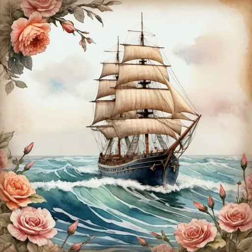 Prompt: ship sails, with flowers, sea, waves,high detail vintage aesthetics, in the style of old fantasy ,approaching photorealism, the art of color sketch, watercolor painting