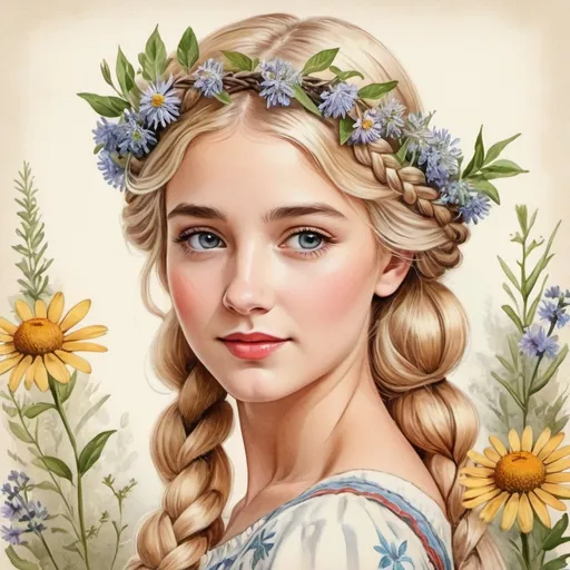 Prompt: Retro postcard,vintage.Sweet young lady,blonde braid , a wreath of wildflowers on her head,tenderness, innocence,elegant,fabulous,patterns,sunny, photorealistic,botanical garden, professional photo,hyperrealism, 32k, hyperdetalization, watercolor,fine ink drawing.