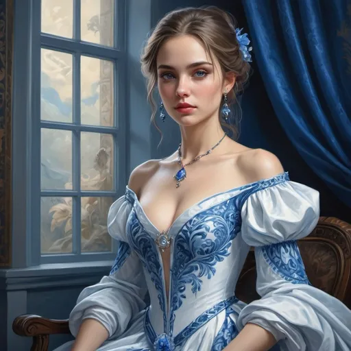 Prompt:  a painting of a woman in a blue and white dress, beautiful fantasy painting, beautiful fantasy art portrait, very beautiful fantasy art, beautiful fantasy portrait, beautiful fantasy art, elegant cinematic fantasy art, highly detailed fantasy art, breathtaking fantasy art, beautiful character painting, digital art fantasy art, fantasy victorian art, exquisite digital art, amazing fantasy art, amazing detail digital art