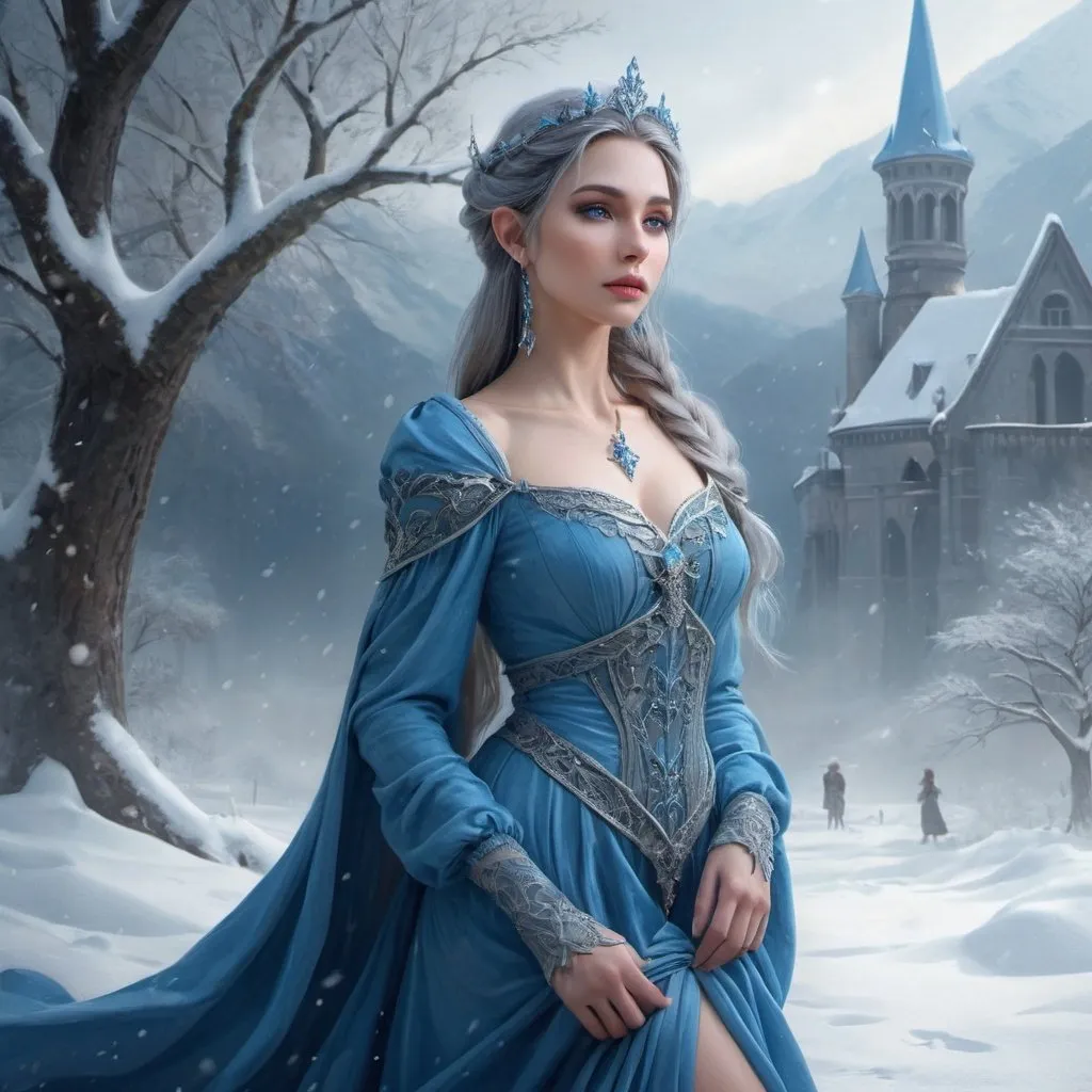 Prompt:   woman in a blue dress standing in the snow, very beautiful fantasy art, beautiful fantasy art portrait, beautiful fantasy painting, fantasy victorian art, beautiful fantasy portrait,   ((a beautiful fantasy empress)), beautiful fantasy art, goddess of winter, elegant cinematic fantasy art, beautiful and elegant female elf, beautiful fantasy maiden, digital art fantasy, gothic fantasy art