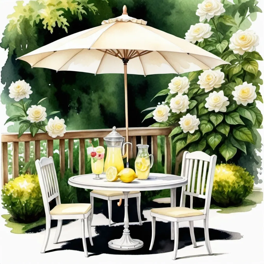 Prompt: table with umbrella in the garden, lemonade, verandas, elegantly realistic cream and white color scheme
fancy,
watercolor drawing,