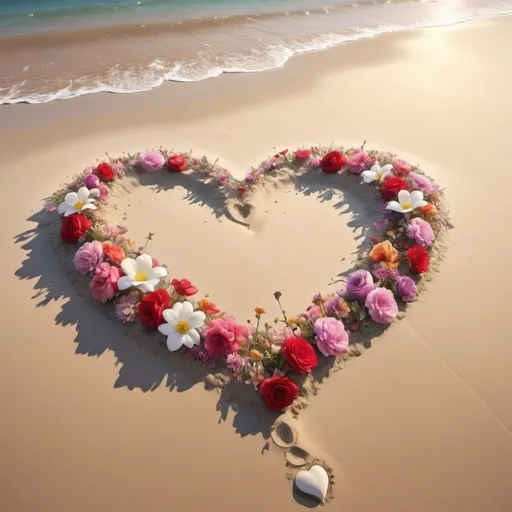 Prompt:  a heart shaped flower sitting on top of a sandy beach,  magic realism, heart made of flowers, very beautiful digital art, romanticis