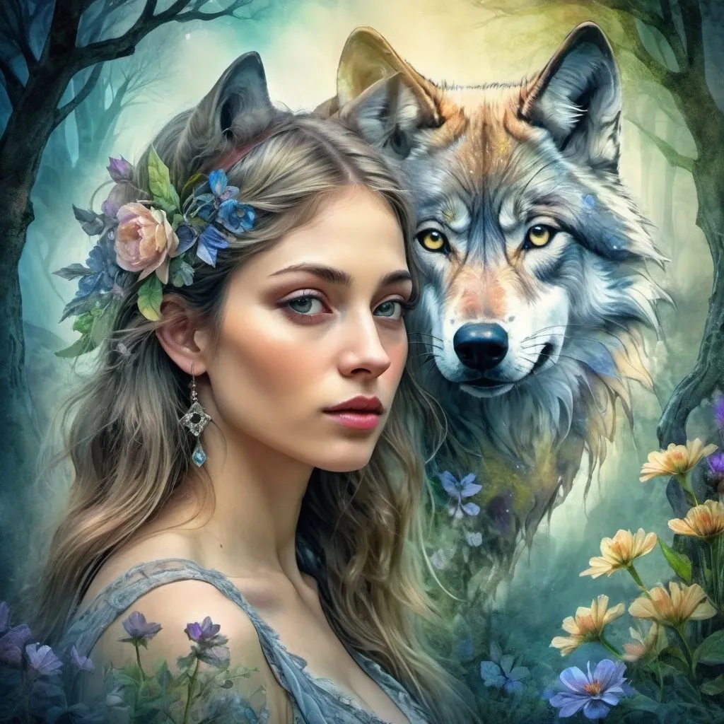 Prompt:   Double Exposure,  A very beautiful spring girl + wolf, in the style of Josephine Wall, Ultrarealistic digital illustration, watercolor drawing, Contemporary beautiful art, sensuality, atmospheric, dark fantasy, fantasy, magic, botanical, super-detail, maximum, quality, HDR, 1024k, 8d,  professional