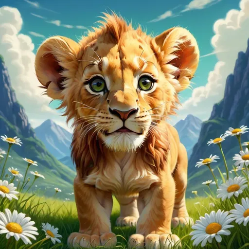 Prompt: Close-up of a cute little very joyful lion cub Simba grazing on a green lawn with daisies, background blue sky with clouds, Chinese mountains, Disney style, centered, symmetry, painted, intricate, volumetric lighting, beautiful, rich deep colors masterpiece, sharp focus, ultra detailed, in the style of dan mumford and marc simonetti, astrophotography