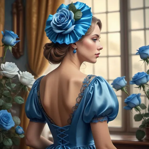 Prompt:  Create a high-quality digital illustration of a woman wearing a luxurious satin fabric dress and blue rose bonnet, surrounded by flowers, in a vintage style, with bright colors and soft lighting, a realistic rear view, with a detailed and extensive close-up, with focus on the subject, combining digital art with realistic and surreal atmosphere, with 4K resolution