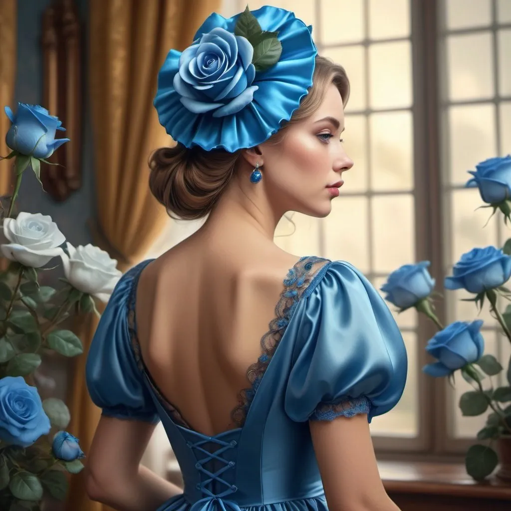 Prompt:  Create a high-quality digital illustration of a woman wearing a luxurious satin fabric dress and blue rose bonnet, surrounded by flowers, in a vintage style, with bright colors and soft lighting, a realistic rear view, with a detailed and extensive close-up, with focus on the subject, combining digital art with realistic and surreal atmosphere, with 4K resolution