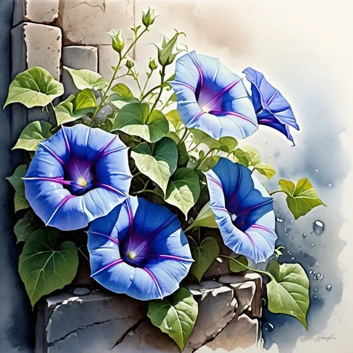 Prompt: Beautiful flower bush of blue morning glory.
 On old stone slabs.Diamond dew drops.
Atmospheric.Dark art.Wet watercolor,pencil thin lines,fine drawing,aristocratic,delicate feeling,pastel colors,tenderness,beauty,backlighting,brightness,contrast of light and shadow,light lines ., Watercolor, trending on artstation, sharp focus, studio photo, intricate details, highly detailed, by greg rutkowski