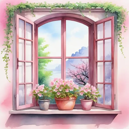 Prompt: a watercolor painting of a window with a potted plant, sakura blooming on background, or perhaps a fairy tale, steel window mullions, air brush illustration, view from window, anime still image, the walls are pink, soft memories, vines and flowers, computer graphics,   very very beautiful scenery,  