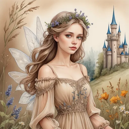 Prompt: The style of Andres Orpinasai Tatiana Ustyantseva, a beautiful delicate fairy of field herbs and flowers,a light dress made of chiffon, a fairy-tale castle in the background, three-dimensional watercolor painting, drawing with colored pencils, ink, light brown background, high detail,filigree, full-screen drawing,depth of field,contrast, macro view,botanical art