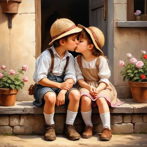 Prompt:  a couple of children sitting next to each other, romantic painting,   romantic era painting, love is begin of all,   beautiful painting of friends, cute detailed artwork, boy and girl, adorable digital painting, lovely kiss,  beautiful oil painting on canvas, peasant boy and girl first kiss, cute cartoon