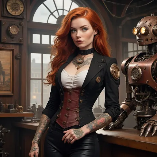 Prompt:  
 A captivating art masterpiece showcasing a 23-year-old tattooed Lois Lane incorporated within the intriguing domain of steampunk, entwined with an immense mechanical robot, standing regally in the nostalgic atmosphere of 14th century London. Framed in an artful full body portrait, her ginger hair graces the air alongside her black-red jacket slightly loosened to reveal its sign of style. The distinct artwork is

























 


























 



























 
