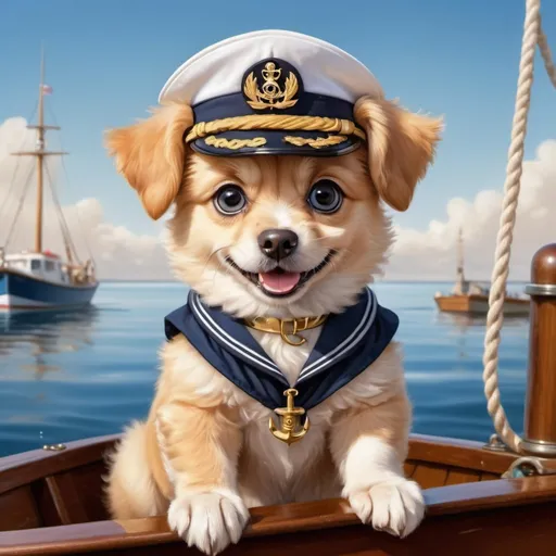 Prompt: a dog sitting in a boat, a cute face, big eyes and a smile,a sailor's uniform, a crystal collar, short golden curls, a marine background standing on a mast, a realistically beautiful airbrush drawing