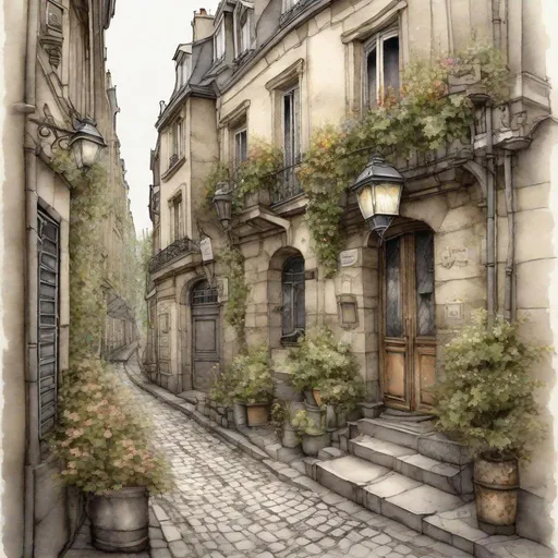 Prompt:  Paris, summer,alley, watercolor+ colored ink, hyperdetalization, filigree drawing with a thin pen, ivy, flowers, trees, old houses, paving stones, lantern, intersection, tall houses, pastel shades : gray brown, sepia, contrast enhancement, sharpening, high octane, octane render