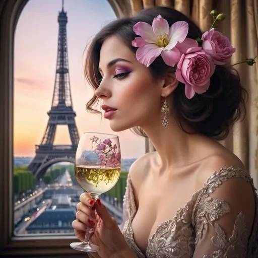 Prompt: Glamour photography of woman in paris in the style of Guy Arocha painting of flowers and a glass of wine, very beautiful fantasy art, intricate beautiful close up, high quality image”, drink, princes jasmin,  inside the flower, leading to a beautiful, impassioned, hello, sparkling dew, extravagant