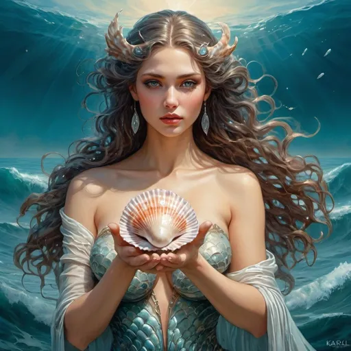 Prompt:  a painting of a siren holding a seashell in her hands, goddess of the sea, karol bak uhd, goddess of the ocean, beautiful fantasy painting, beautiful fantasy art, breathtaking fantasy art, very beautiful fantasy art, fantasy woman, beautiful digital art, beautiful fantasy art portrait, beautiful gorgeous digital art, fantasy beautiful, fantasy painting hd, beautiful digital artwork, wonderful sick hands with 5 fingers 