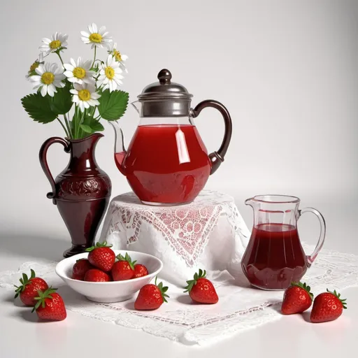 Prompt: a jug with strawberry juice and a vase with club jam, a teapot stands on a lace napkin , white background, realistic, drawing animation