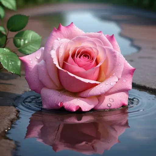 Prompt: pink rose sitting on top of a puddle of water, very beautiful fantasy, photorealistic! , very, very beautiful, rich colors, very cute, photorealistic 20, gorgeous