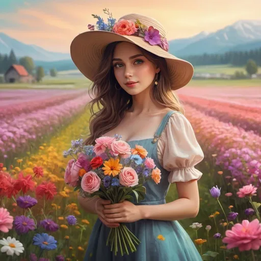 Prompt:  Cute woman on a flower field in a hat with a bouquet of flowers in her hands, beautiful fantasy painting, beautiful uhd 4K art, beautiful digital work, very beautiful fantasy art, realistic detailed background, colorful digital fantasy art