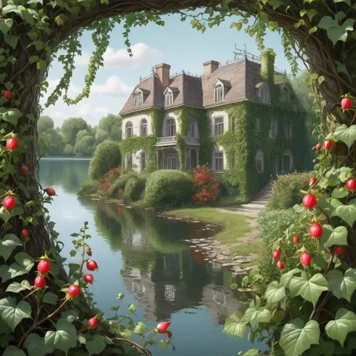 Prompt:  thickets of flowering rosehip,ivy,mansion,tree branches,lake,fantasy, drawing.realism, high detail.