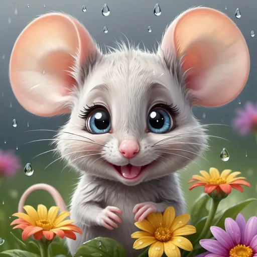 Prompt: fluffy little mouse with a flower in her mouth, beautiful big eyes, big ears, beautiful smiling face, with colorful flowers, raindrops, realistic, cartoon drawing