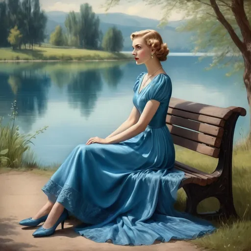 Prompt:  vintage in the style of the 1930s , a mysterious woman in a mesmerizing blue dress sitting on a bench near the lake, fantasy beautifully realistic , oil