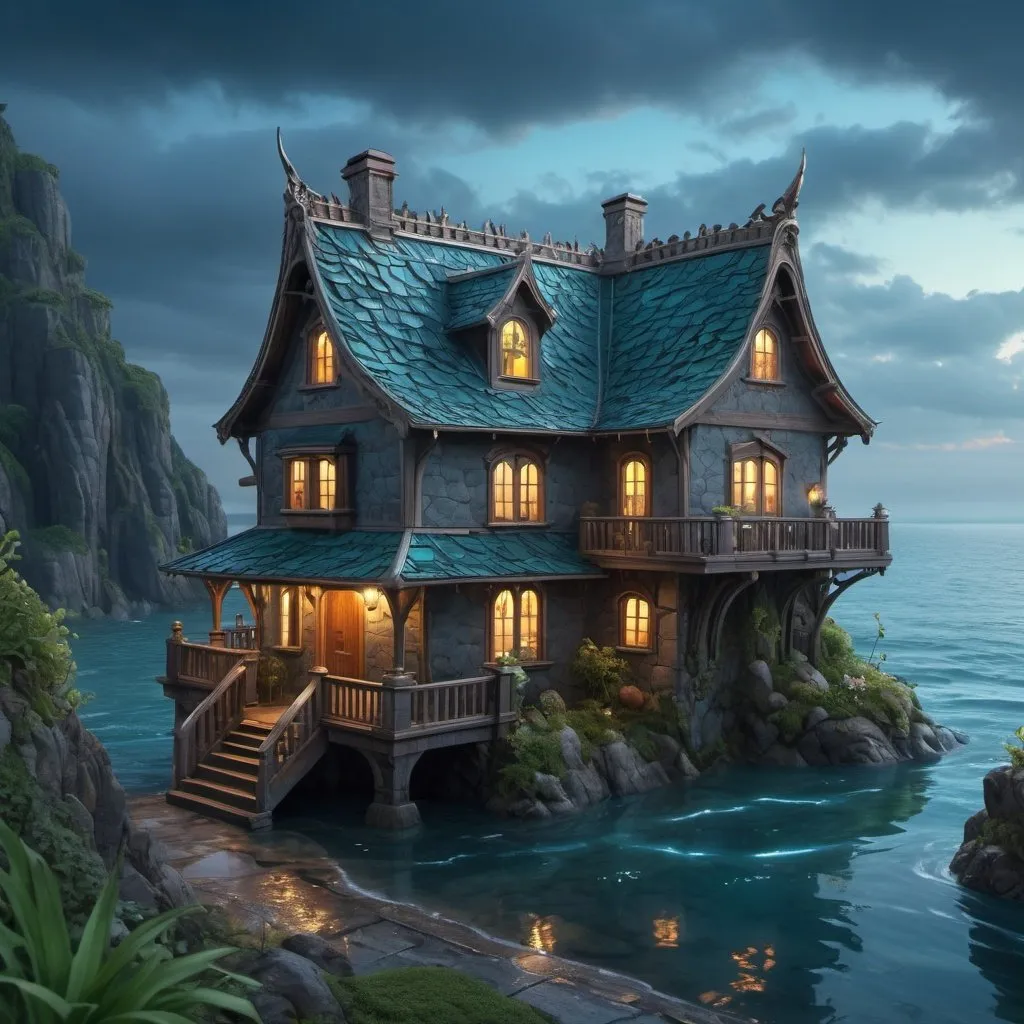 Prompt: 


art by miki asai and jasmine becket griffith, anne stokes


a typical european house with a slate roof, submerged under the water of the ocean,  scenic view, matte painting trending on artstation 


luminism, ultra  highly detailed, 32 k, 
Fantastic Realism complex background, dynamic lighting, lights, digital painting, intricated pose, highly detailed intricated, , ultra hd, realistic, vivid colors, highly detailed, UHD drawing, pen and ink, perfect composition, beautiful detailed intricate insanely detailed octane render trending on artstation, 8k artistic photography, photorealistic concept art, soft natural volumetric cinematic perfect light