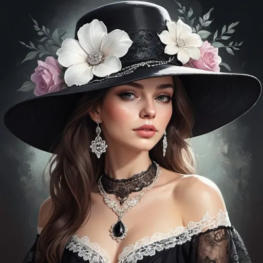 Prompt:  portrait of a woman in a black hat with a white flower, decorated with a rich necklace and lace dress, fantasy, beautiful realistic drawing, computer illustration, bright colors.