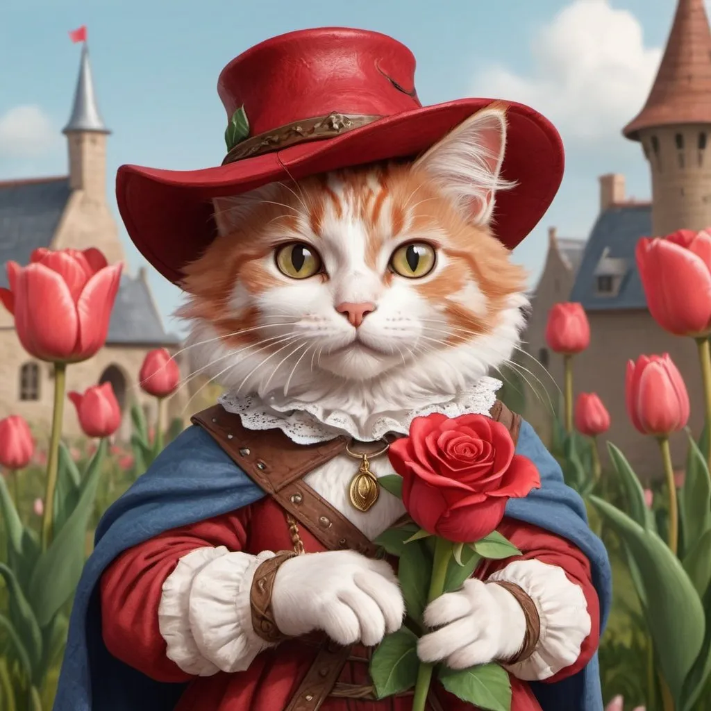 Prompt:   a painting of a cat wearing a hat and holding a rose, cg artist, 🎀 🍓 🧚, cgi animation, dressed in medieval clothes, red afro,   cowgirl, taran fiddler, high detailed cartoon, cute single animal, happy apearance, tulip