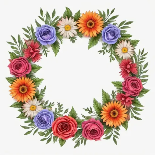Prompt: wreath of flowers on a white background, high symmetry, bright colors,beautifully realistic drawing